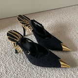 High Heels Black 2025 Spring New Pointed Metal Chain Sandals Women With Sexy Fine Heel Single Shoes HZ0115