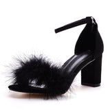 7 Cm Thick Heel Sandals Shallow Mouth With Feather Sandals Round Head Square Root Fashion Summer Sandals Large Size HZ0115