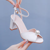 7 Cm Coarse Fish Mouth Sandals Square Roots Coarse Sandals White Wedding Dress Sandals Nails Wedding Shoes HZ0115