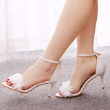 7 Cm Temperament Word With Light Mouth Fine Sandals White Flowers Wedding Shoes Fine Heel Small Summer Sandals HZ0115