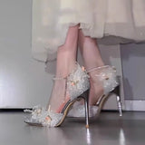 French Small Fragrant Wind Tip High Heels Women 2025 Spring And Summer Lace Flowers Fine Heel Wedding Shoes Pearl Chain Single Shoes HZ0115