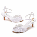 6 Cm Fish Mouth High-Heeled Sandals Shallow Mouth Buckle With Large-Size Round-Head High-Heeled Shoes Hollow Fish Mouthed Ribbon Pearl Sandals HZ0115