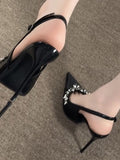 Qianjin ~ Temperament Naked Paint Leather Tip Fine And Light Mouth Single Shoes Women After The Empty Autumn And Winter Water Drill High Heels Women HZ0115