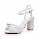9 Cm Coarse Heel Sandals Square Coarse Sandals White Pearl Wedding Dress Sandals Pearl Wedding Shoes Women HZ0115