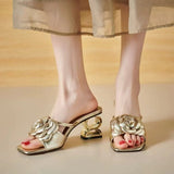 New Word Drag Flower Sandals Mountain Tea Coarse Heel Cool Slippers Women's Summer Fashion High Heel Fish Mouth Shoes Half-Tug HZ0115