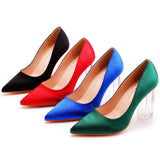 9 Cm Crystal Transparent Square Tip Single Shoe Bridal Shoes Silk Satin Cloth Diamond Skirt Shoes Wedding Shoes HZ0115