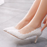 7 Cm Pointed Single Shoes Small Thin Heel Single Heel Single Shoe Tips Shoes Large Size Women's Shoes Lace Wedding Shoes Bridesmaid Shoes HZ0115