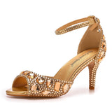 7 Cm Fish Mouth High Heel Sandals Shallow Mouth With Large-Size Round-Head High Heels Golden Water Drill Fine Sandals HZ0115