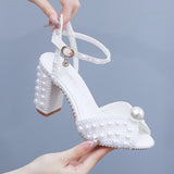 9 Cm Coarse Heel Sandals Square Coarse Sandals White Pearl Wedding Dress Sandals Pearl Wedding Shoes Women HZ0115