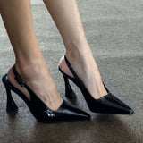 2025 Spring And Summer New Black Leather High Heels Women Senior Sense Horseshoe Heel Tip Fine Heel Single Shoes Sandals HZ0115