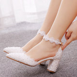 7 Cm White Lace Tip Hollow Women's Shoes Lace Wedding Dress Shoes Spring Coarse Square Root Tips Sandals HZ0115
