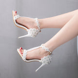 9 Cm High-Heeled Sandalbum Bridesmaid Wedding Buckle Lace Beads And Fish Mouth Roman Sandals HZ0115
