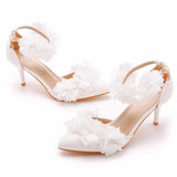 7 Cm White Flowers High Heel Sharp Sandals One Word Wristband Bride Hollow Fine Tip Head Wedding Dress Sandals HZ0115