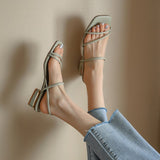 2025 Summer New Retro French Style With Roman Shoes With Low-Heeled Sandals Female Superfiber HZ0115