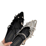Internal Height 3CM French Bow Bag Head Half Slippers Women's Shoes Wear 2025 Spring And Summer Silver Water Drill Single Shoes HZ0115