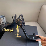 Ys Gold Letter High Heels Women 2025 New Word With Sandals Female Leather Letter Root Metal Sandals HZ0115