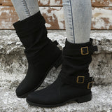 Mid-Pig Boots Women's Size Size 2025 Autumn/Winter Round Head Shed Belt Buckle Decoration Lady Boots HZ0115