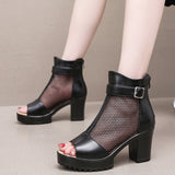 Fish Mouth Net Sandals Women Summer High Heel Waterproof Table Zipper Mesh Shoes Fashion Women's Hollow Breathable Cool Boots HZ0115