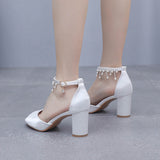 7 Cm Fish Mouth High Heel Sandals Shallow Large-Size Round-Headed Beaded Thaigou High Heels Bridal Wedding Silk Satin Sandals HZ0115