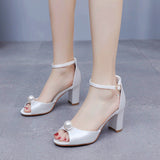 7 Cm Fish Mouth High-Heeled Sandals Shallow Pearl Large-Size Round-Head High Heels Bride Wedding Silk Satin Cloth Coarse Sandals HZ0115