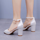 7 Cm Fish Mouth High-Heeled Sandals Shallow Mouth Buckle With Large-Size Round-Head High Heel Bridal Wedding Silk Satin Cloth Coarse Sandals HZ0115