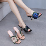 9 Cm Square Head High Heel Sandals Slippers Wine Glasses And Temperament Embroidered Flowers Women's Shoes White Fish Mouth Light Sandals HZ0115