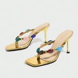 Lady Head Gem Decorated With Fine High-Heeled Sandals Gorgeous Party Gold High Heels HZ0115