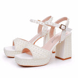9 Cm Coarse Heel Fish Mouth Waterproof Table Sandals Round Head Square Sandals Side Sandals And Pearl Bridal Dress Shoes HZ0115