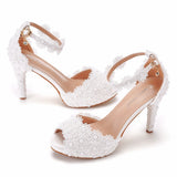 Large Yard Fish Mouth High Heel Sandals Waterproof Table Sandals Fine Heel Lace Beaded Wedding Shoes Wedding Heels HZ0115