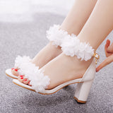 7 Cm Thick Heeled Light Mouth With Sandals Round Head Fish Mouth Flowers High Heel Sandals White Bride Wedding Shoes Woman HZ0115