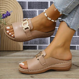 Slope And Thick-Bottomed Slippers Women 2025 New Large-Size Casual Fashion Simple Metal Buckle Fish Mouth Sandals HZ0115