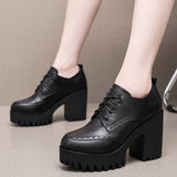 Dark Brown Bullock Women's Shoes With English Carved Small Leather Shoes Thick Heel High Heel Waterproof Table Round Head Deep Mouth Single Shoe HZ0115