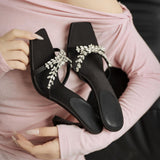 Beautiful Cross With Water Todss Square Sandals Female Feeling Black Satin High-Heeled Cool Slippers 2025 Summer HZ0115