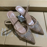 Spring New Products 2025 French Pointed High-Heeled Shoes Apricot-Color Net Sand Drill After The Stumbling Banding And Fine And Cool HZ0115