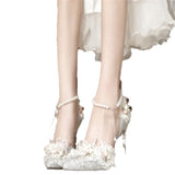 French Small Fragrant Wind Tip High Heels Women 2025 Spring And Summer Lace Flowers Fine Heel Wedding Shoes Pearl Chain Single Shoes HZ0115