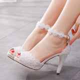 Large Yard Fish Mouth High Heel Sandals Waterproof Table Sandals Fine Heel Lace Beaded Wedding Shoes Wedding Heels HZ0115