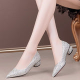 Spring And Autumn 2025 New Pearl Water Drill Shallow Mouth Coarse Single Shoes Women's Flat Shoes Fashion Low-Heeled Large Women's Shoes HZ0115