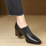 French Retro Square Head Deep Mouth Single Shoe Thick-Soled Waterproof Sleek Leather Shoes Casual Elegant Temperament High Heels HZ0115