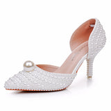 7 Cm Pointed High-Heeled Sandals Pearl Dinner Ball Beaded Sandals Bride Wedding Wedding Shoot White Wedding Shoes Female HZ0115