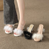 Fairy Hairy Slippers Women Wear 2025 New Net Red Coarse And One-Word Drag Crystal High-Slip Slippers HZ0115