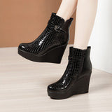 Painted Slope And Short Boots Women Thick-Bottom Waterproof Leather Boots Light And Slip Single Boots Autumn And Winter Side Zipper Plus Velvet Martin Boots HZ0115