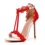 Sandals White Buckle Shoes Fine Heel Fish Mouth Roman Exposed Toe Sandals 11 Cm Beaded High-Heeled Sandals HZ0115