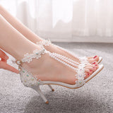 7 Cm Light Mouth With Sandals Fine Heel Sandals White Lace Wedding Shoes Famous Wind High Heel Sandals HZ0115