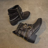 Ladies Leather Boots Autumn Winter Rough And Large Belt Short-Sleest Unispet Women HZ0115