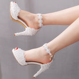 Large Yard Fish Mouth High Heel Sandals Waterproof Table Sandals Fine Heel Lace Beaded Wedding Shoes Wedding Heels HZ0115