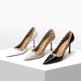 2025 Spring And Summer New Rivet Tip High Heel Female Fine Leather Black Patent Leather OL Nightclub Ultra-High Heel Single Shoes HZ0115