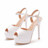 Fish Mouth High Heeled Sandals Fine Heel White Wedding Shoes Bridal Shoes White Buckle Sandals Large Size HZ0115