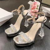 Temperament Crystal And Coarse Heel Sandals Women Ultra-High Heel Waterproof Counter Thick-Sing-Le-Soo Model Show Shoes HZ0115