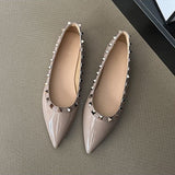 French Temperament Small Fragrant Evening Wind Tip Single Shoes Women Shallow Mouth 2025 New Spring And Autumn Flat Bottom Shoes Rivet Shoes HZ0115