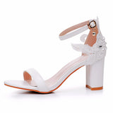 7 Cm Thick Heel Shallow Mouth With Sandals Round Head Fish Mouth Flowers Nails High Heel Sandals White Wedding Shoes HZ0115